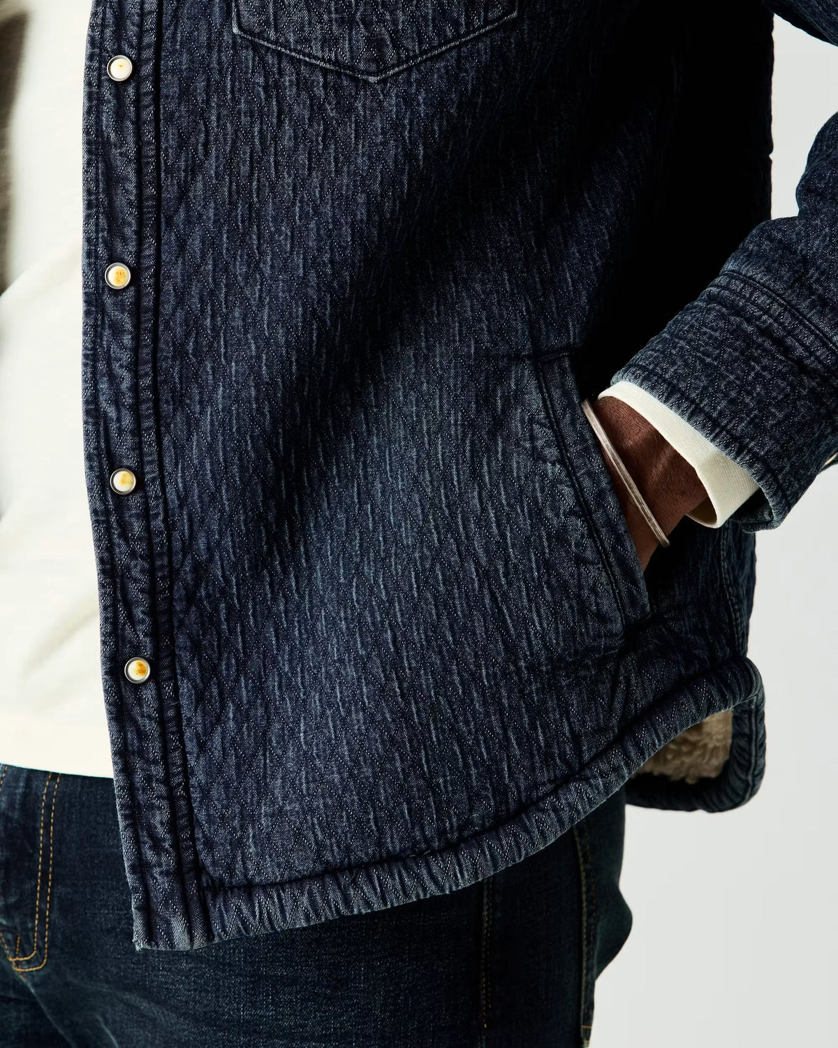 Sherpa-Lined Quilted Bone Button Western Shirt
