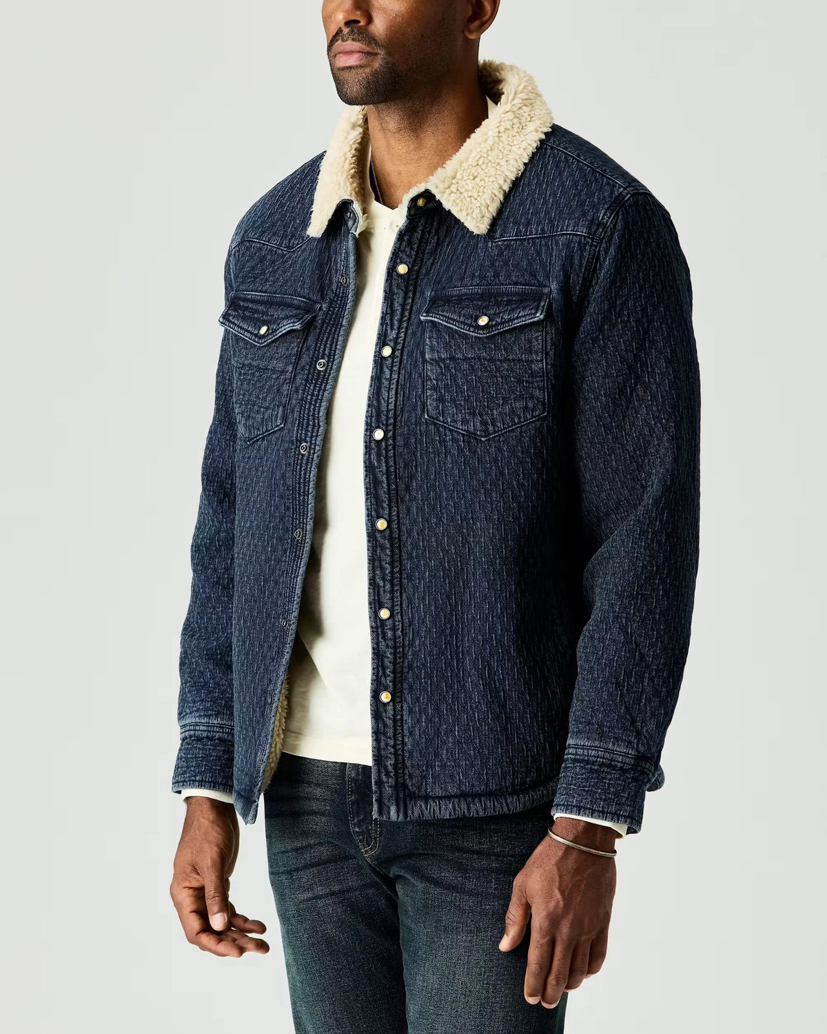 Sherpa-Lined Quilted Bone Button Western Shirt