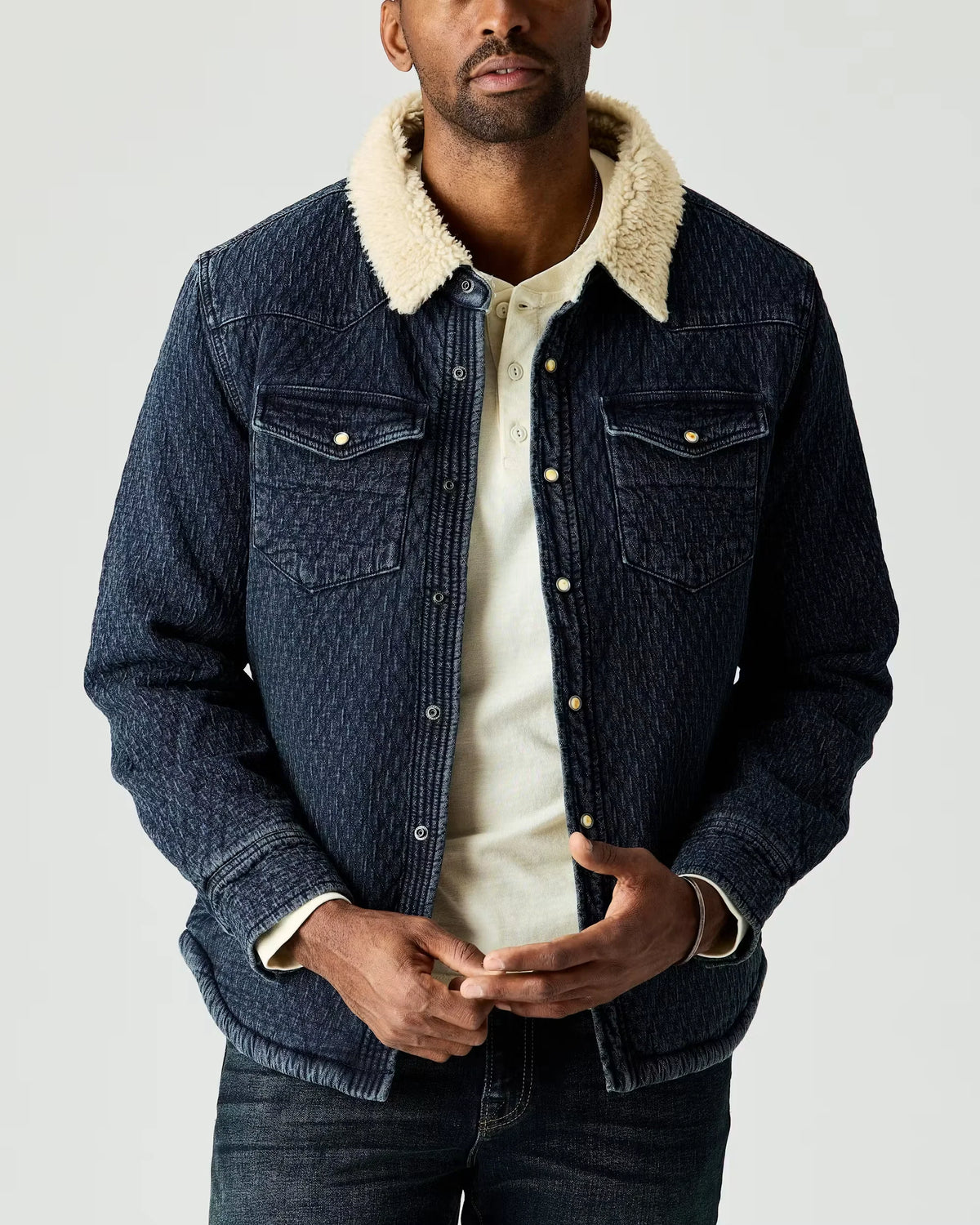 Sherpa-Lined Quilted Bone Button Western Shirt